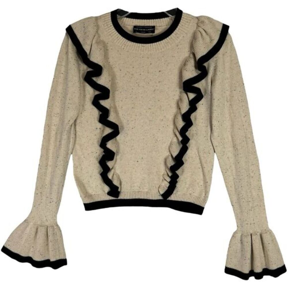 Fifth Label Ruffled Sweater Shirt‎ Size 4 S Cropped Black Cream Preppy Victorian